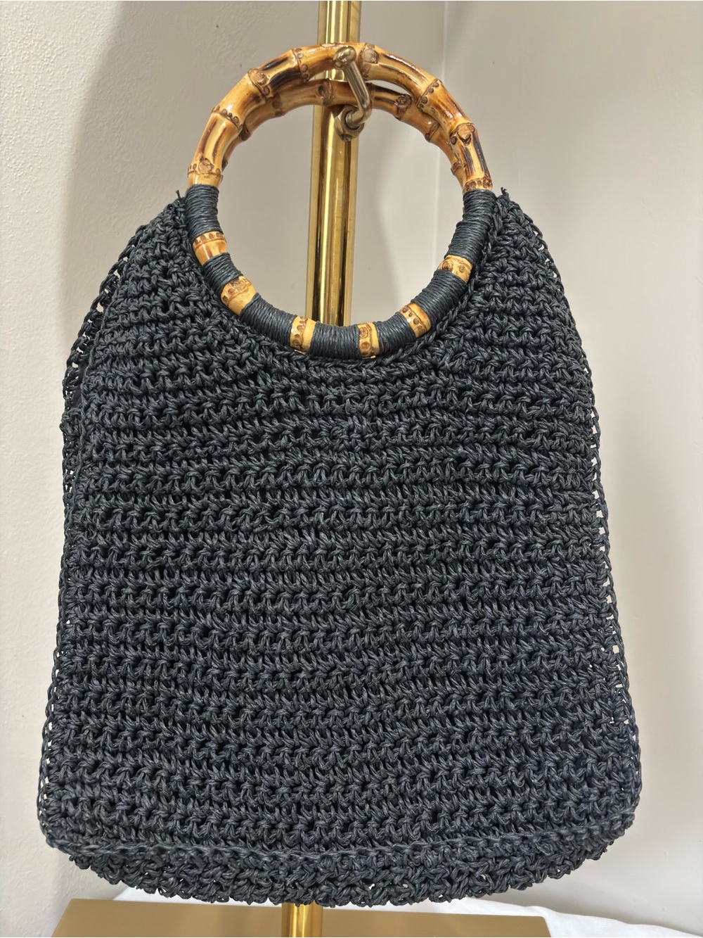 Vintage Woven Straw Style Crochet Handbag Tote with Brown Bamboo Ring Handles